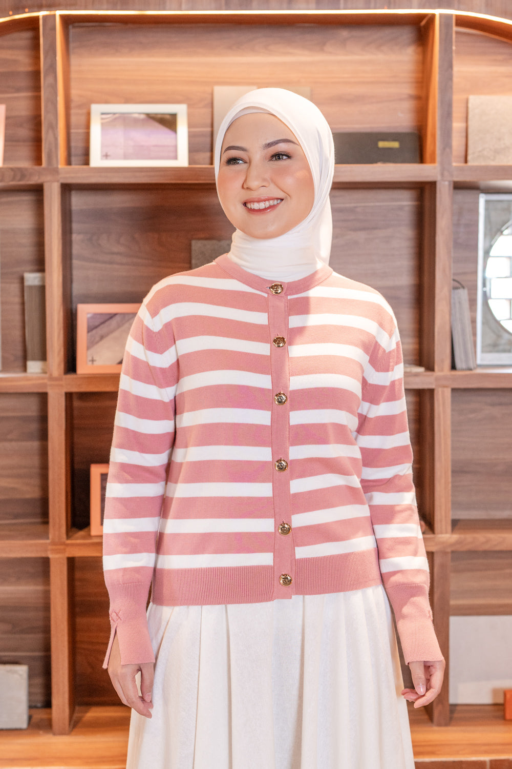 Kiora Striped Knit Cardigan Rose Tan - Wearing Klamby