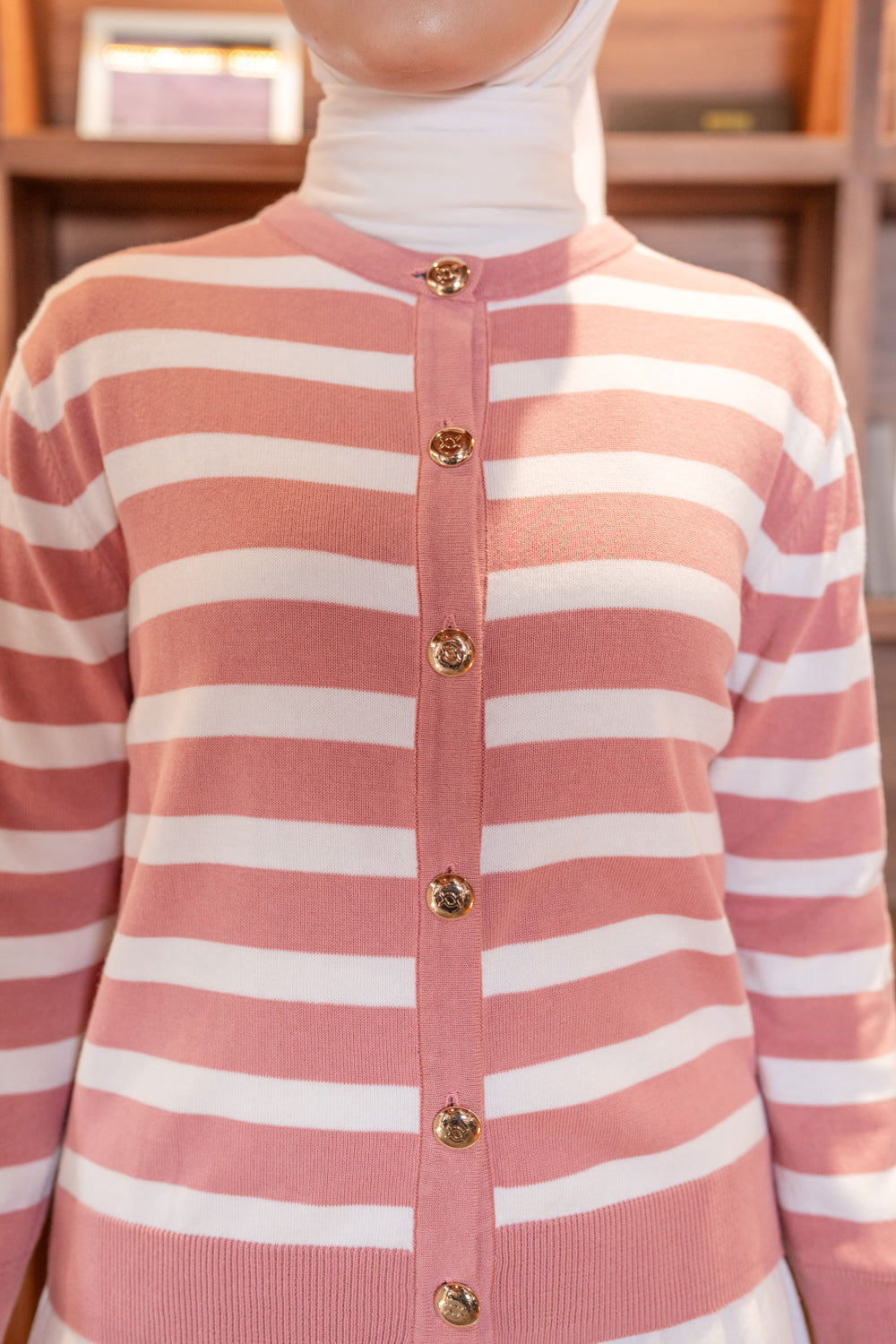 Kiora Striped Knit Cardigan Rose Tan - Wearing Klamby