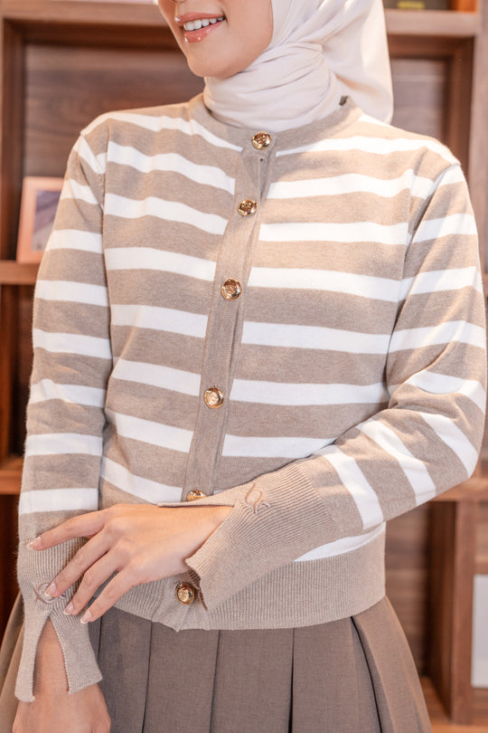 Kiora Striped Knit Cardigan Oatmeal - Wearing Klamby