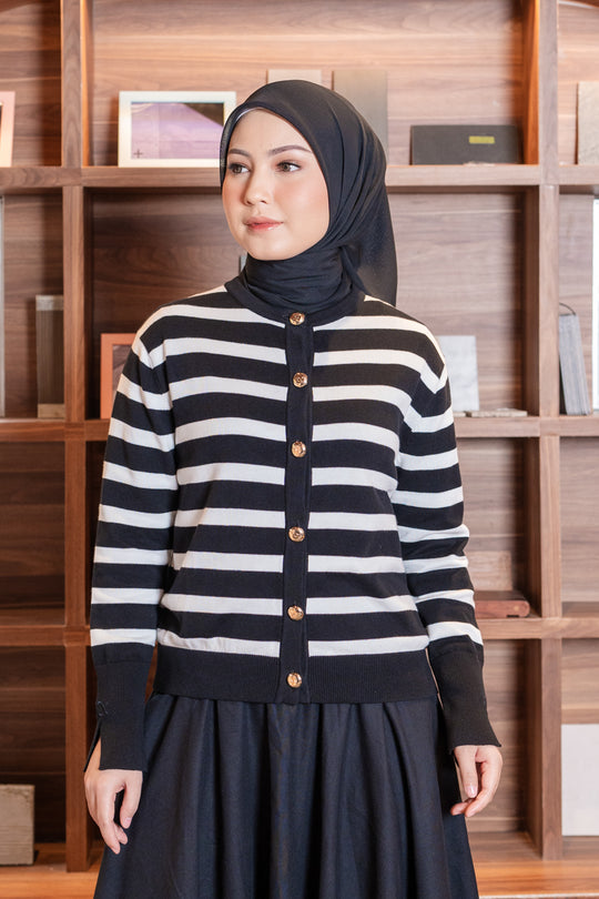 Kiora Striped Knit Cardigan Smoky Black - Wearing Klamby