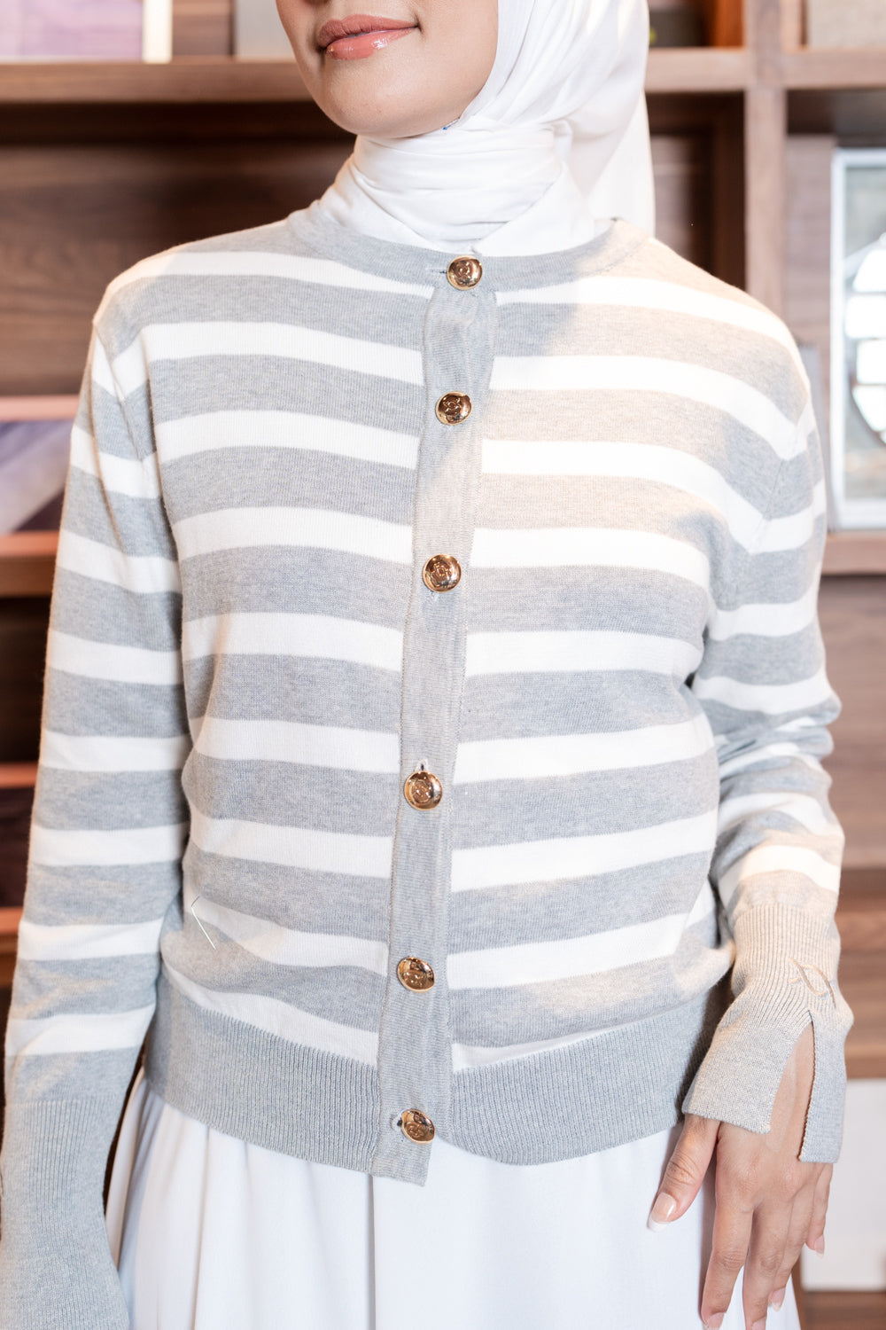 Kiora Striped Knit Cardigan Glacier Grey - Wearing Klamby