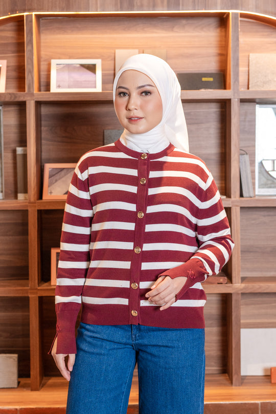 Kiora Striped Knit Cardigan Ruby Jam - Wearing Klamby