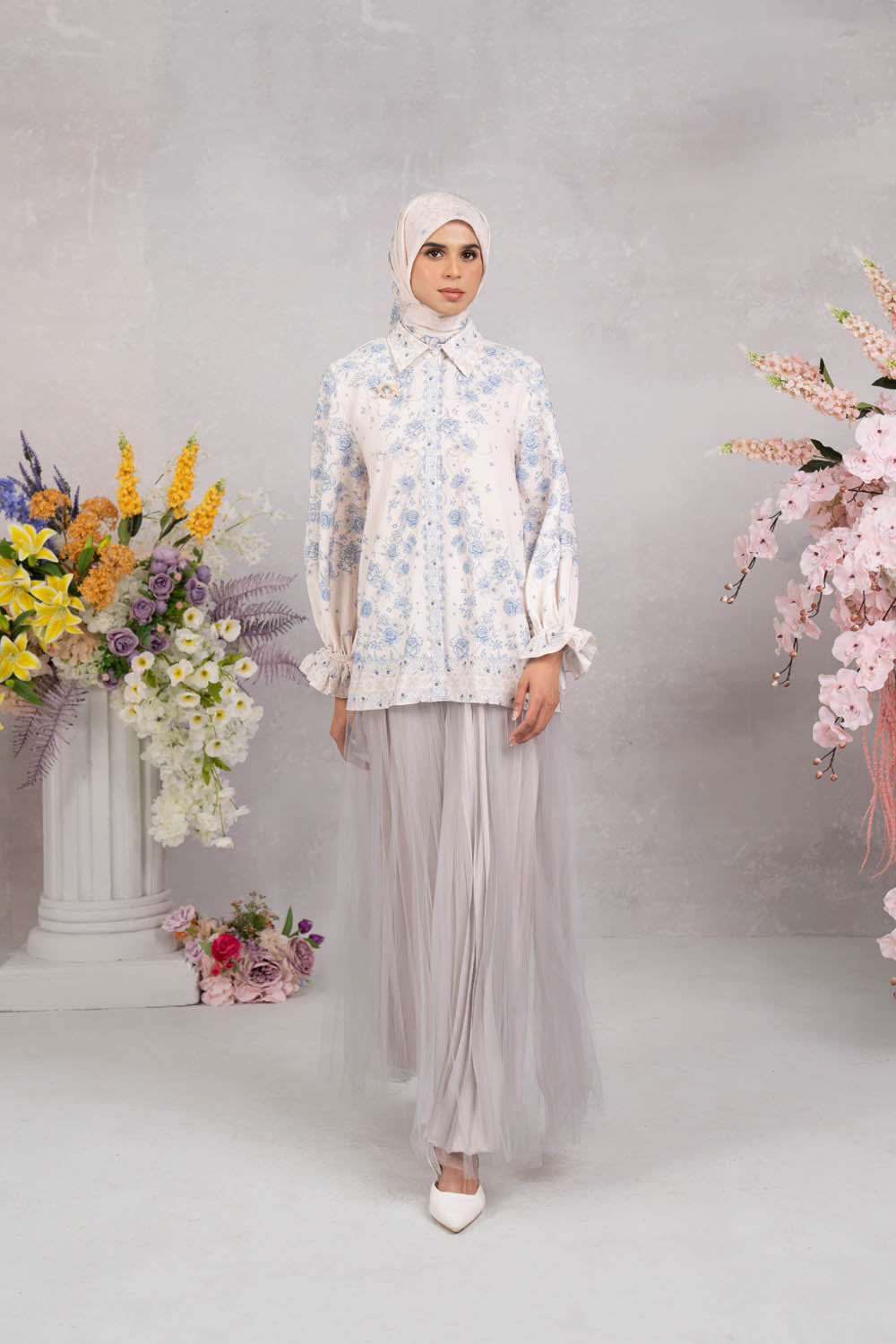 Marjorie Shirt & Scarf Set Sky Mist