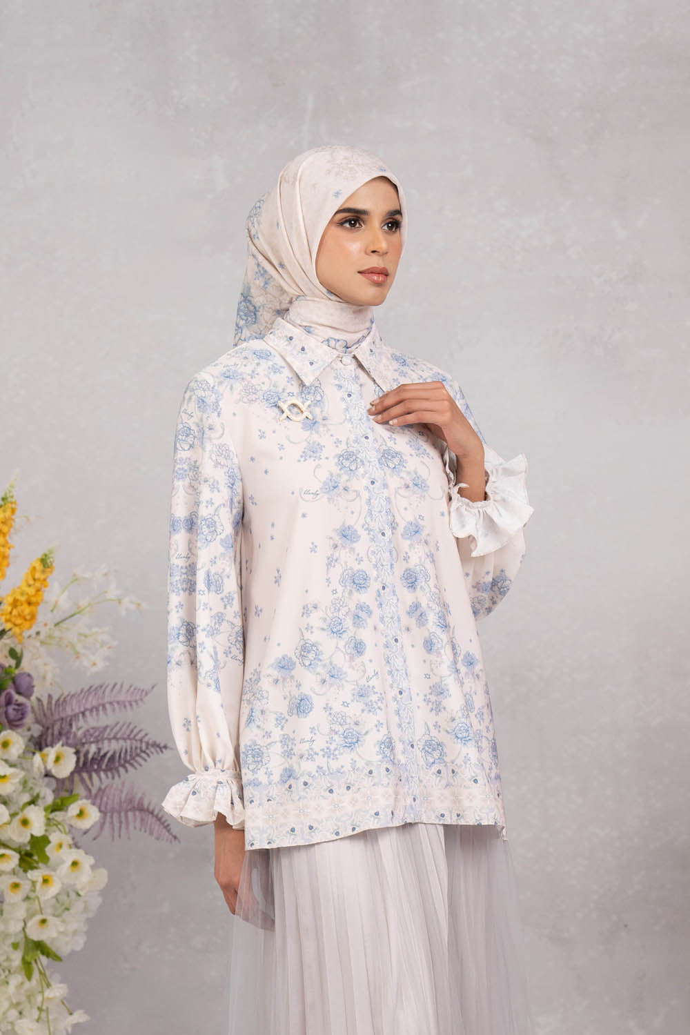 (Early Booking) Marjorie Shirt & Scarf Set Sky Mist