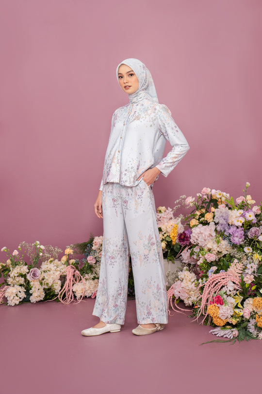 Gardenia Outer & Pants Set Ashy Blue - Wearing Klamby